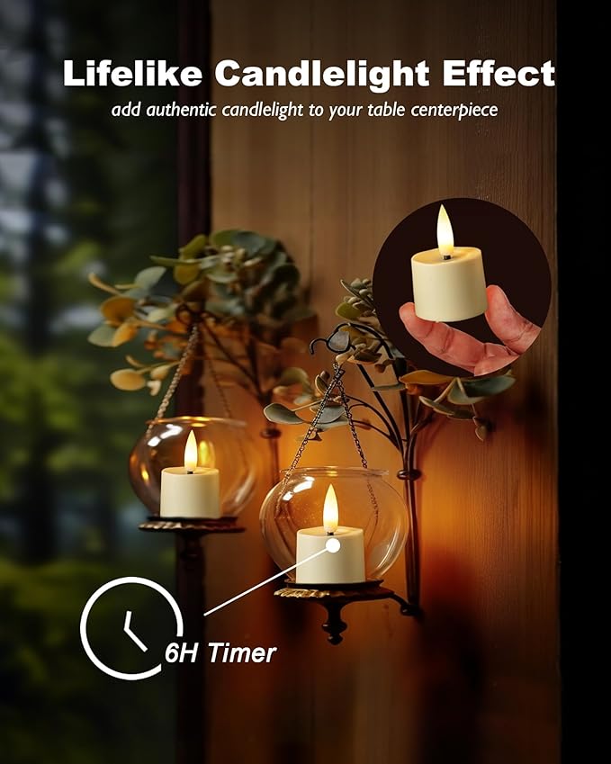 Flameless Candles, 12Pack Timer LED Votive Candles, Realistic 3D Flickering Tea Lights Candles Battery Operated with 6 Hours Timer Auto for Wedding Home Decor- Ivory Base