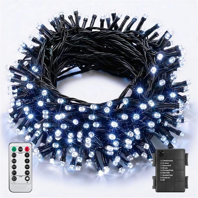 ITICdecor 33ft 100 LED Christmas String Lights, Waterproof Fairy Starry String Lights Battery Operated, 8 Modes Decorative Lights for Indoor Outdoor Xmas Tree Party Garden (White)