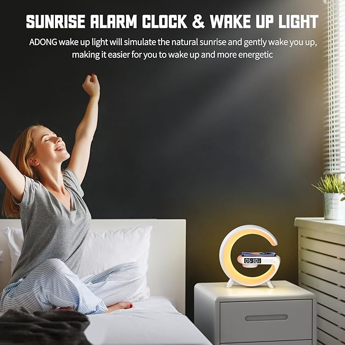 Mini LED Table Lamp with 4-in-1 Wireless Charger, Night Light, Sunrise Alarm Clock, Bluetooth Speaker, Smart Atmosphere Table Lamp for Bedroom, Office, Home Decor (White)