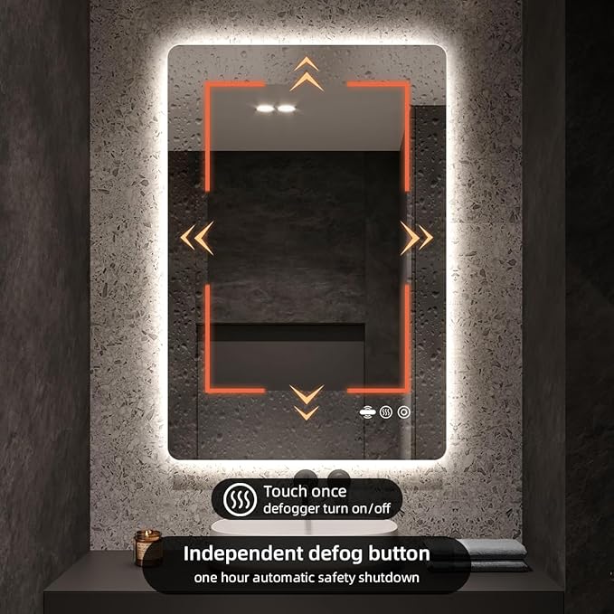 40 x 32 LED Bathroom Mirror, Frameless Rounded Corner Rectangle Backlit Mirror Bathroom, Anti-Fog, 3-Color Stepless Dimmable Lighted Mirror, Motion Sensor Lights, Memory Function