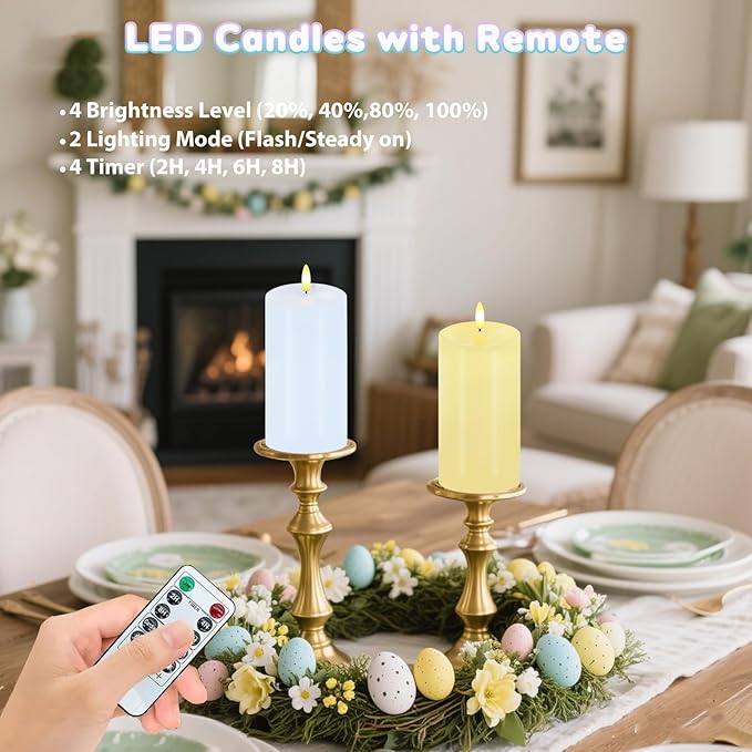Pastel Flameless Candles, Set of 2 6"x3" Flickering Spring LED Candles with Remote & Timer, Dimmable Real Wax Easter Pillar Candles Battery Operated, Electric Candles for Home Spring Easter Decor