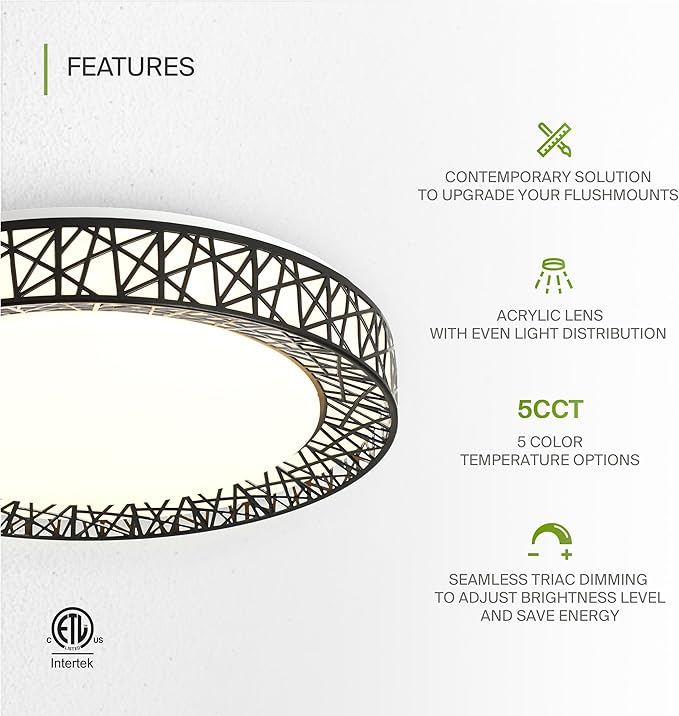 ASD 20 Inch LED Flush Mount Ceiling Light Fixture for Bedroom, 42W 2475LM 5CCT 2700K-5000K, Triac Dimmable Lights, Dining, Living Room, Kitchen Lamps, Modern Home Lighting Fixtures, Black, ETL