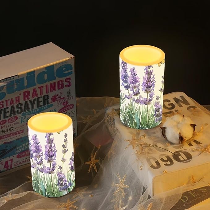 Lavender Flameless Candles 2 Pack 6 x 3 inch Battery Operated Candles with Multicolor Timer Remote Control LED Fake Candles for Warm Light Dinner Table Home Decor