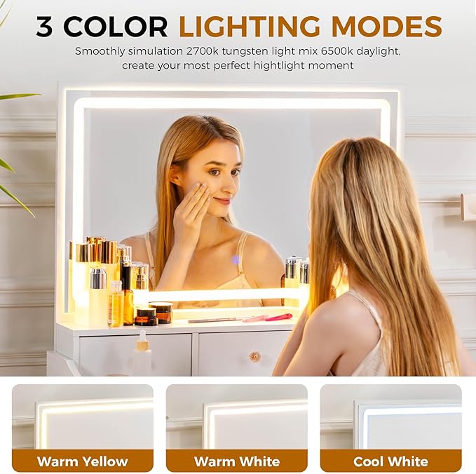 COMHOMA Makeup Vanity Desk with Mirror and Lights, Vanity Table and Chair Set with 5 Drawers and Charging Station, Bedroom Dresser LED Mirror Stepless Dimmable & 3 Color Modes Adjustable, Pearl White