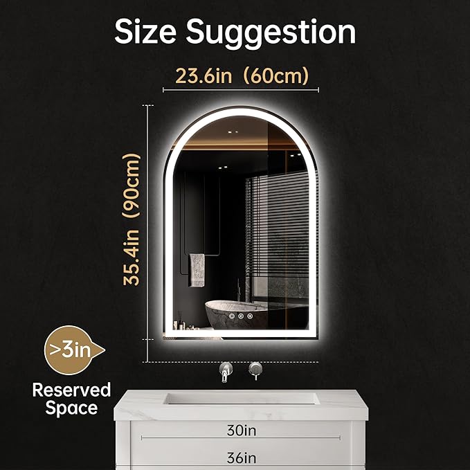 Arched LED Mirror for Bathroom 24"x36"- Frameless Lighted Bathroom Mirror with Lights, Fogless, Dimmable, 3 Color Changing, Shatterproof, Touch Sensor