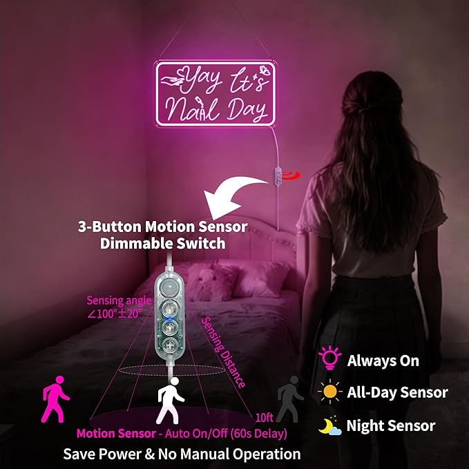 Yay It's Nail Day Neon Sign, Pink Neon Sign with 3D Carving Butterfly，Nails Neon Signs for Wall Decor, Bedroom - 3-Mode Dimmable USB Powered Salon Decor, Gifts for Nail Tech 16x8.8 Inches