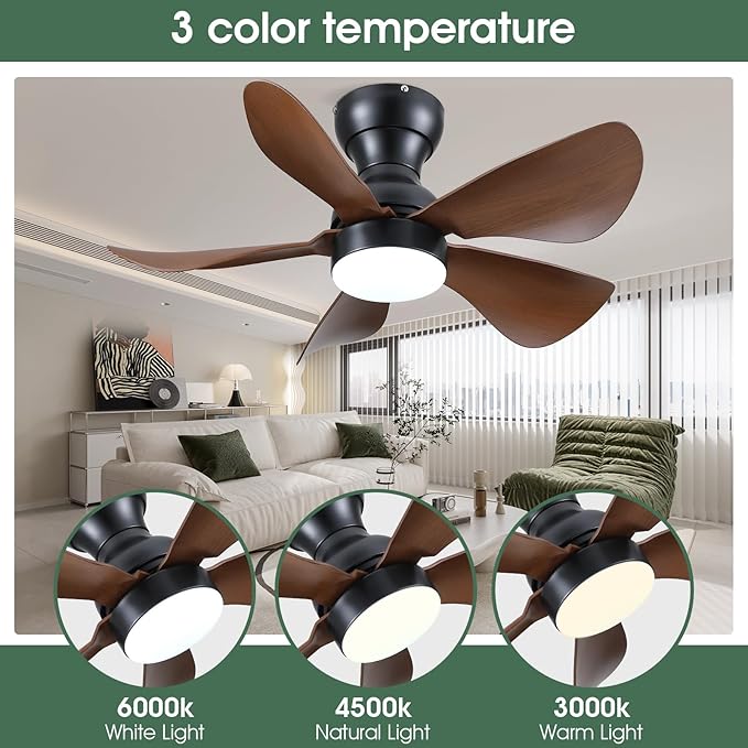 Ceiling Fans with Lights and Remote/APP Control, 30 inch Low Profile Ceiling Fans with 5 Reversible Blades 3 Colors Dimmable 6 Speeds Ceiling Fan for Bedroom Dining Room, Wood Color