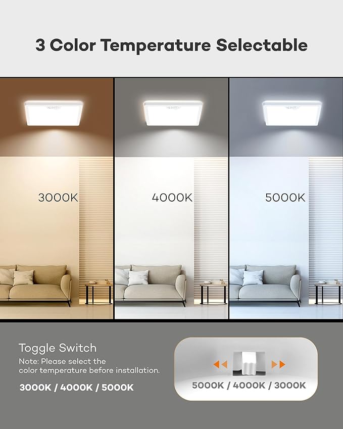 12in Motion Sensor Ceiling Light Wired, 3000K 4000K 5000K Selectable, 24W Flush Mount Square Motion Ceiling Light with 3 Timer for Closet Porch Stairs Hallway, White