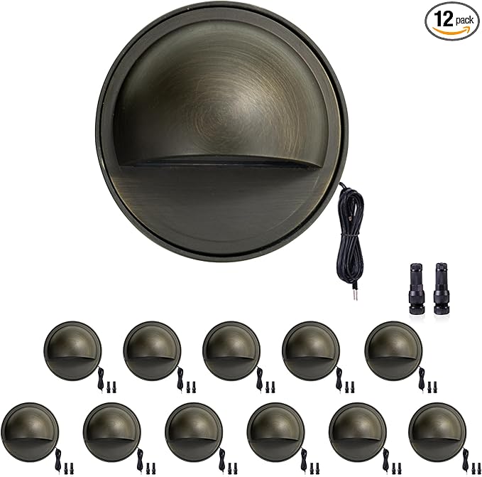 Gardenreet LED Step Lights - 12V Brass Low Voltage Deck Light Outdoor, Landscape Hardwired IP65 Waterproof, Antique Bronze Lighting for Wall Garden Yard Stair Without G4 Bulb 12 Pack