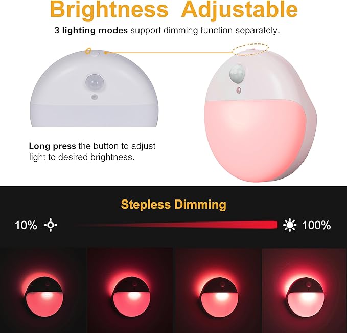 2 Pack Red Night Light, Battery Operated Night Light, 2.6" Small Sticky Lights, Dimmable Motion Sensor Light, 3 Light Modes, Portable LED nightlight for Baby, Kids, Sleep, Bedroom, Bathroom