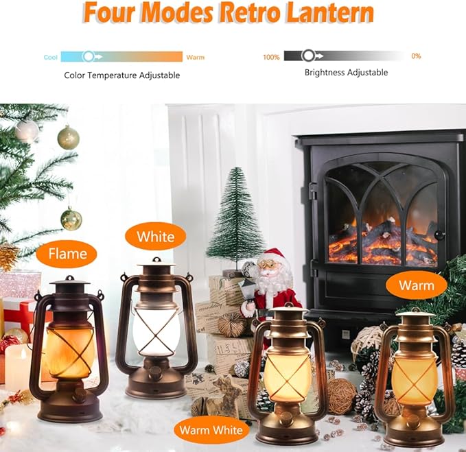 Lantern LED Battery Powered Camping Lamp Outdoor Hanging Rechargeable Lantern Flickering Flame Retro Lanterns Remote Control 4 Modes Light Non-Solar 2 Pack