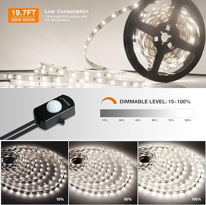 Sensky Dimmable Motion Sensor LED Strip Light Under Cabinet Lighting Kit, LED Strip Light with Motion Sensor, FCC Listed Power Adapter for Gun Safe Light,Shelf, TV Wall Lighting (8.2FT,6000K-6500K)