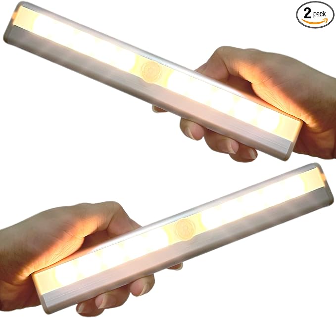 10LEDs Outdoor Sensor Step Light,2 Pack RV Sensor LED Light Bar,Stick-On Anywhere Magnetic Night Strip Light for Flight of Steps,Closets,Cabinets,Hallways,Bathrooms,Car Trunks(Warm White)