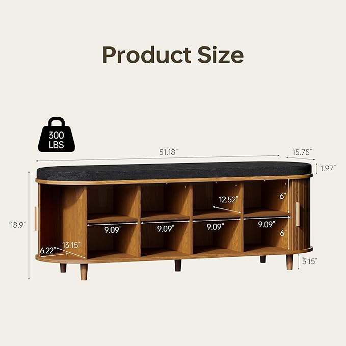 Entryway Bench with Storage: 51.2" Wooden Bedroom Shoe Bench with Thickened Padded Seat Cushion, Mid Century Modern Fluted Sliding Door and Adjustable Shelf, for Entryway, Living Room