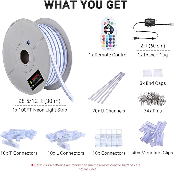 DELight AC 110-120V Waterproof IP65 RGB 100ft Neon Rope Lights with U Channel Pin Connectors Remote Control & APP Dimmable Cuttable Flexible LED Strip Lights Outdoor DIY Project DEL-D1MP100R