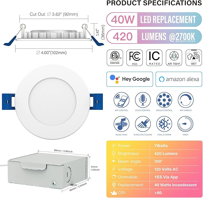 3" LED Recessed Canless Smart Wafer Downlight, WiFi APP & Voice Control, 120VAC, 7W, 420LM, RGB + 2700K-6000K, ETL & FCC & IC, Wet Rated, Compatible with Alexa/Google Home, White - 4 Packs