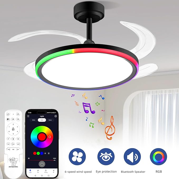 BAYSQUIRREL Slim Retractable Ceiling Fan with Light and APP/Remote Control, 42in Modern Smart RGB Ceiling Fan with Bluetooth Speaker, Dimmable Full Spectrum with Memory, 6-Speed Reversible Fan, Black