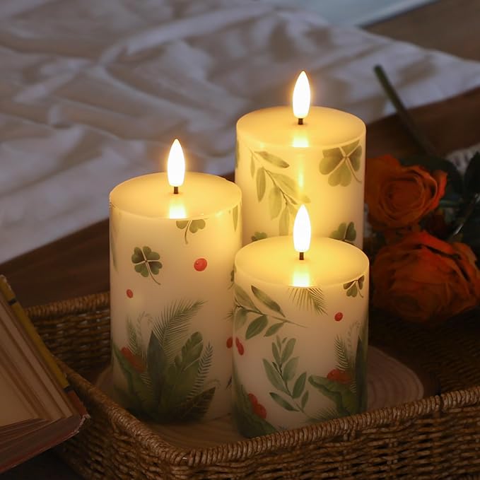 Flameless Pillar Candles with Remote, 3 Pack Battery Operated Real Wax Green LED Candles, Perfect for Spring Summer Home Decorations Fireplace Table, Shamrock