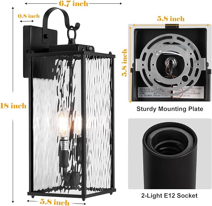 Dusk to Dawn Sensor Outdoor Light 18 Inch, Large 2-Light Bulb Outdoor Sconce Light Photocell Sensor Water Ripple Glass IP65 Waterproof Exterior Wall Lantern Lamp, E12