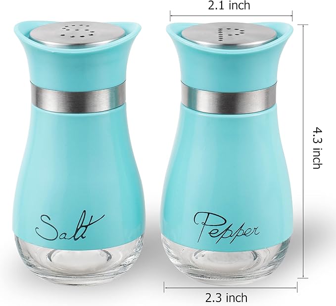 Lonffery Salt and Pepper Shakers, Stainless Steel and Glass Bottle, Set of 2, Turquoise