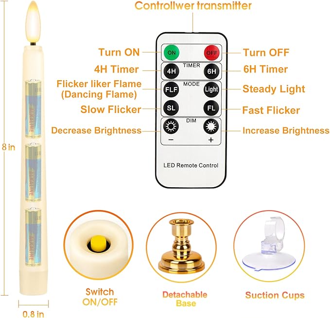Flameless Taper Candles Flickering with Remote Timer, 4PCS Battery Operated Window Candles with Gold Candlesticks and Suction Cups, 8 Inch Warm White 3D Flame Candle for Home Xmas Decor(Ivory)