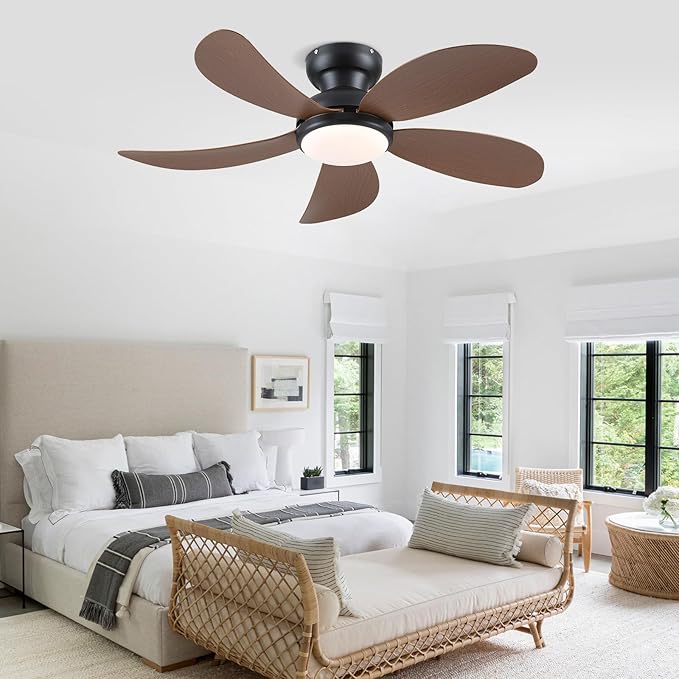 PHORUS Low Profile Ceiling Fans with Lights and Remote,42" Small Flush Mount Ceiling Fans with Quiet Reversible DC Motor, Dimmable 3 CCT,Brown