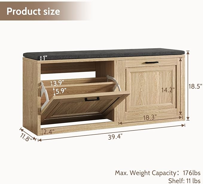 Shoe Storage Bench with Cushioned Seat, 2-Tier Entryway Bench with 2 Flip Drawers & Adjustable Shelves, 39.4" Shoe Rack Bench for Entryway, Living Room, Hallway (Natural)