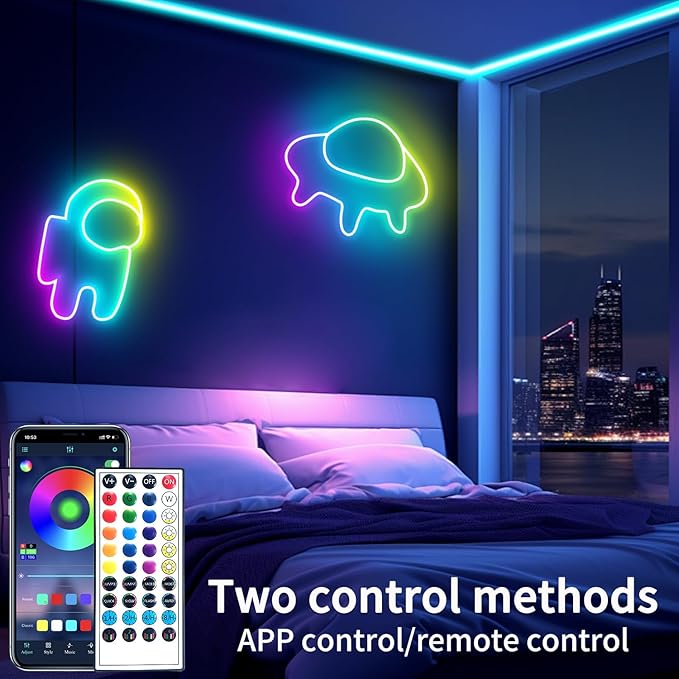65.6FT Neon Rope Light,IP65 Waterproof RGB LED Strip Lights,Neon LED Lights with 40 Key Remote and APP Control for DIY Design,Multiple Modes for Bedroom,Holiday Decor（with Snap &Screws）