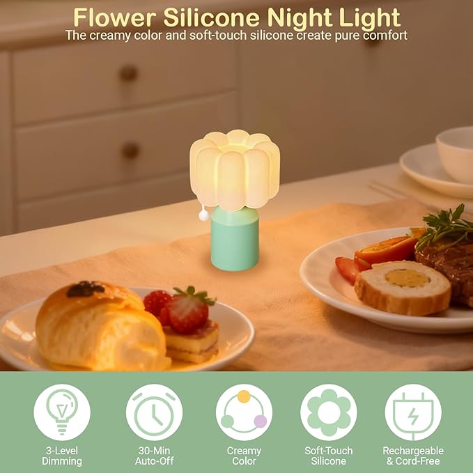 Mini Night Light for Bedroom, Flower Silicone Night Light with 30min Timer, Touch Control Dimmable Lamp with 3 Brightness Levels, LED Rechargeable Nightlight, Cute Bedside Lamp for Kids Gifts (Green)