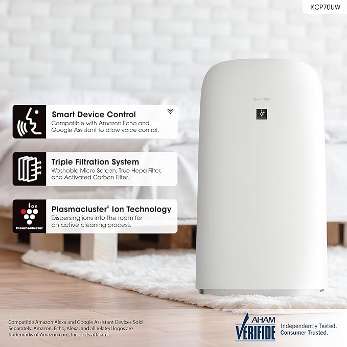 SHARP Smart Air Purifier with Humidifier Combo – Covers up to 1,913 sqft in one hour, Compatible w/Alexa & Google Asst. Energy Star 3.0, True HEPA Filter for Large Room, Bedroom - KCP70UW