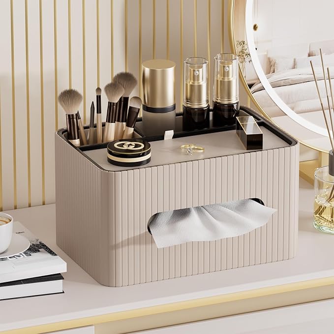 KINGFOM Leather Tissue Box Cover with Storage Tray, Decorative Tissue Box Holder Organizer for Office Desk, Bedroom & Nightstand, Remote Control Holder for Perfume, Watch, Glasses, Pens (Mocha Beige)