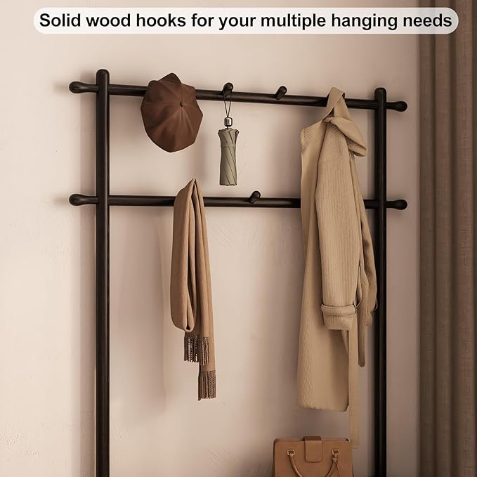 AQIMUELE Coat Rack with Shoe Storage, Wooden Hall Tree with Bench, 11 Hooks and 2-Tier Storage Shelves, 3-in-1, Entryway Bench with Coat Rack (39.3"-Black)
