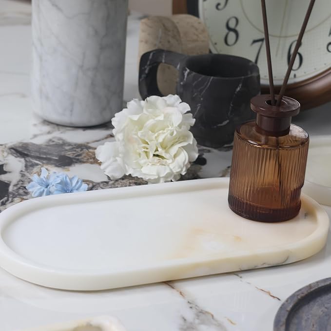 Marble Vanity Tray Organizer - 9.8"x5" Italy Natural Stone Decorative Tray，Jewelry, Perfume & Candle Display Tray，Bathroom Vanity, Dresser Top, Nightstand Decor