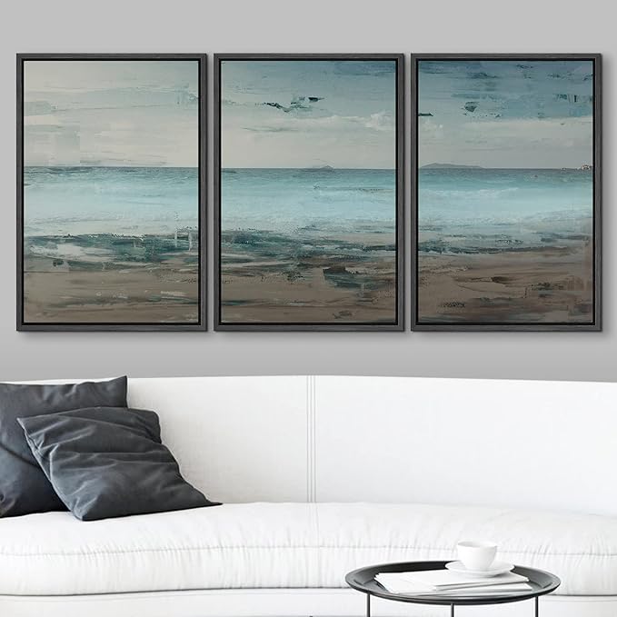 wall26 Framed Canvas Print Wall Art Set Grunge Teal & Brown Beach Shoreline Landscape Geometric Ocean Digital Art Minimalism Nautical Multicolor for Living Room, Bedroom, Office - 16"x24"x3 Black