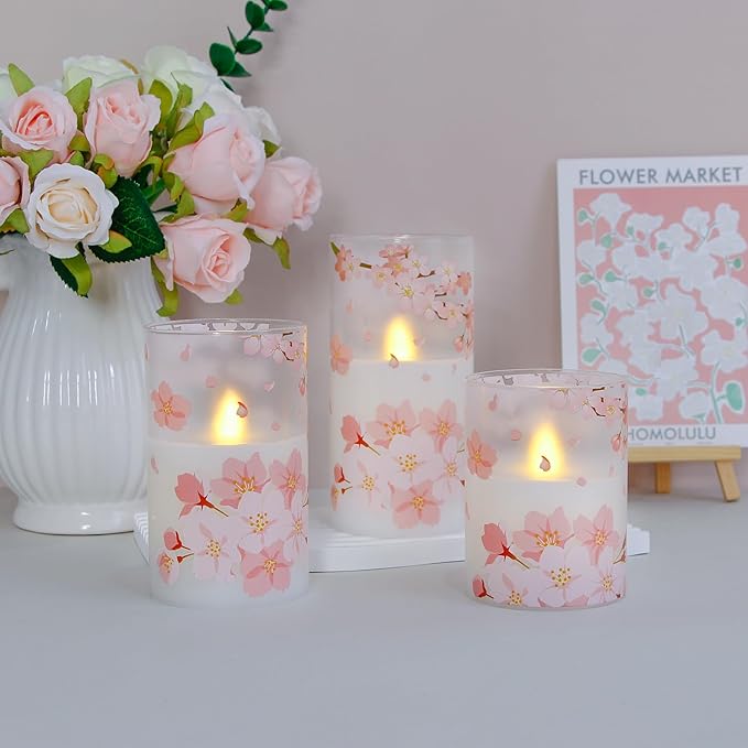 Flameless Flickering Glass Candles with Remote and Timer,Cherry Blossoms LED Battery Operated Real Wax Set of 3 Realistic Wick Electric Pillar Candles,Warm Fire(3 x 4, 5, 6 Inches)