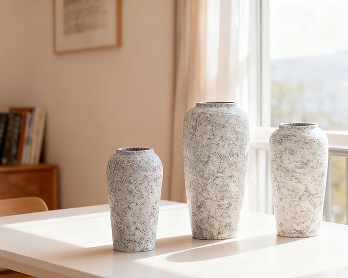 Stone Vase Set 3 Modern Decor Ceramic Vases Rustic Farmhouse Home Tea Table Office Room Desk Pottery