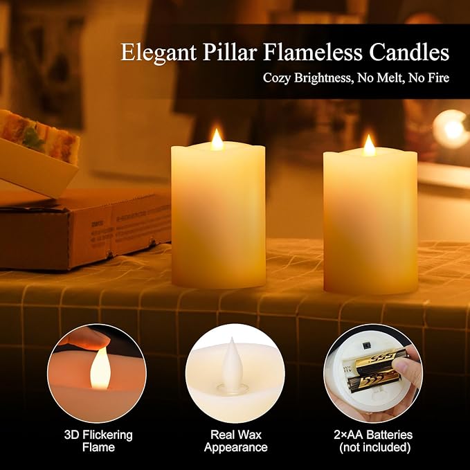 3x4 Flickering Flameless Candles Set of 3,Real Wax Pillar LED Candles,with Timer,4 inch Flameless Candles with Remote,for Party Wedding Holiday Home Decor,Ivory