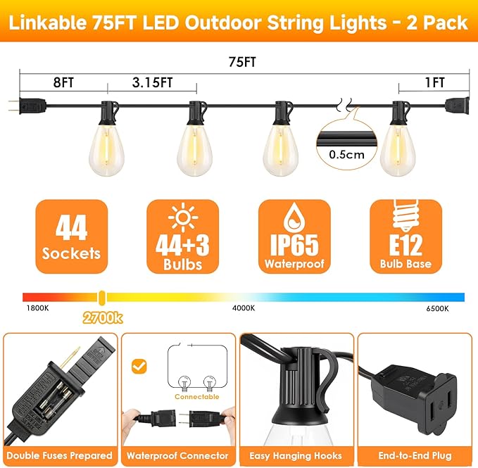 150FT(2x75FT) LED Outdoor String Lights S11 Dimmable Patio Light, with 44+3 Waterproof Shatterproof Edison 2700K Bulbs for Yard Balcony, Black