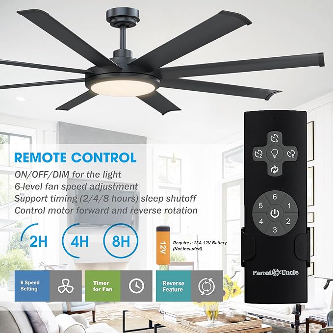 Ceiling Fans with Lights and Remote 60 Inch Industrial Ceiling Fan with Light for Bedroom Living Room, Black Large Outdoor Ceiling Fans for Patios, 6-Speed Reversible DC Motor, Ventilador de Techo