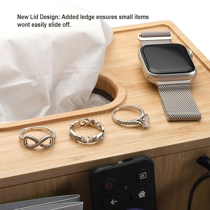 MobileVision Bamboo Tissue Box Holder & Tablet Stand Organizer for Bedroom & Desktop; compartments hold iPad Phones Remote Controls Reading Glasses Notepads & Pens