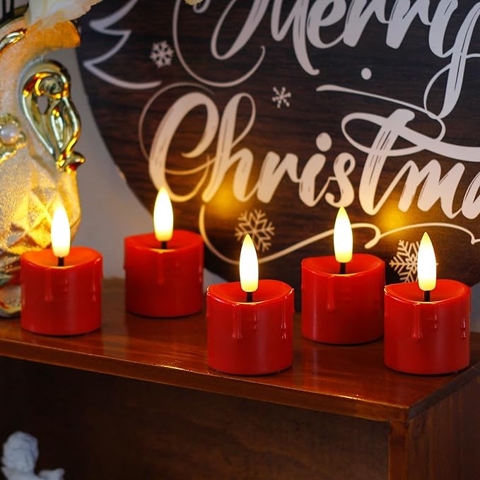 Rechargeable Flameless 1.6" x2.5" Tea Light Candles with Remote & Type-C Charging Cable, Timer LED Flickering Red Plastic 6pcs Mini Dripping Wax Votive Tealight