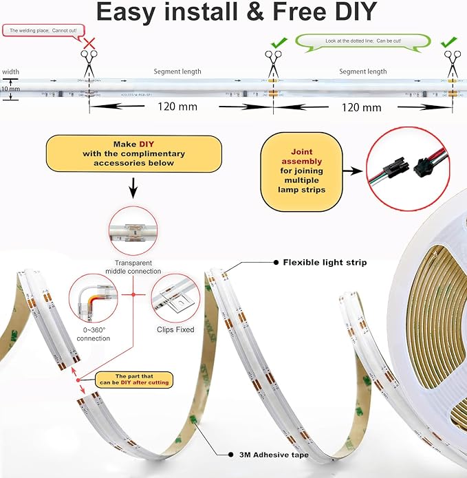 RGBW COB LED Strip Light Kit,16.5ft Color Changing Multicolor Neutral White, Cuttable Adhesive Lights Strip ETL Listed for Bedroom Party Decoration with Remote & APP Control (AC/DC Adapter Included)