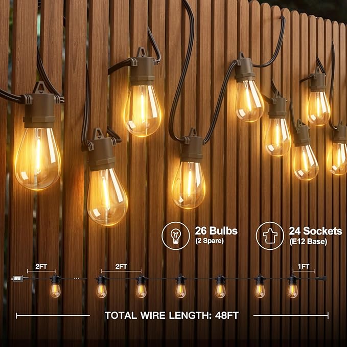 addlon 48FT(2FT Space) LED Outdoor String Lights with 24 Edison Shatterproof Bulbs, Heavy-Duty and Weatherproof Strand, Commercial Grade Patio Lights, Decorative for Garden or Patio, Black