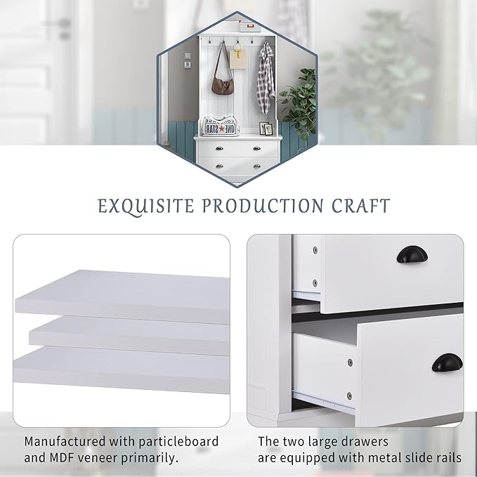 Retro 38.5" Wide Hallway Hall Tree with Coat Rack and 2 Large Drawers,Bench,5 Metal Hooks and Metal Handles,For Entrance Furniture Use (White#c)