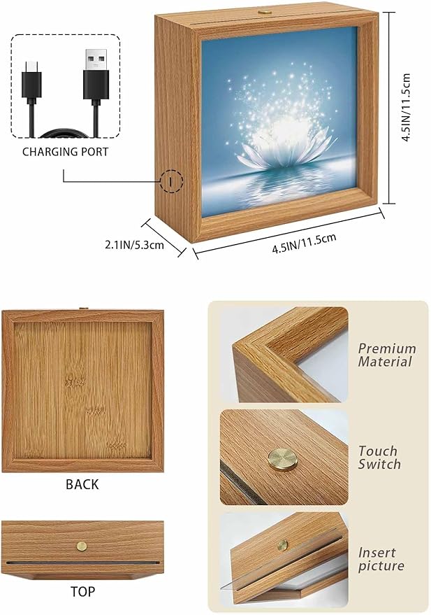 Wood Night Light Box 4.5x4.5in,Meditation Lotus Flower Table Lights Wooden Picture Frame with USB Rechargeable Touch LED Lights for Home Decor Desktop Display,Asian Zen Spiritual