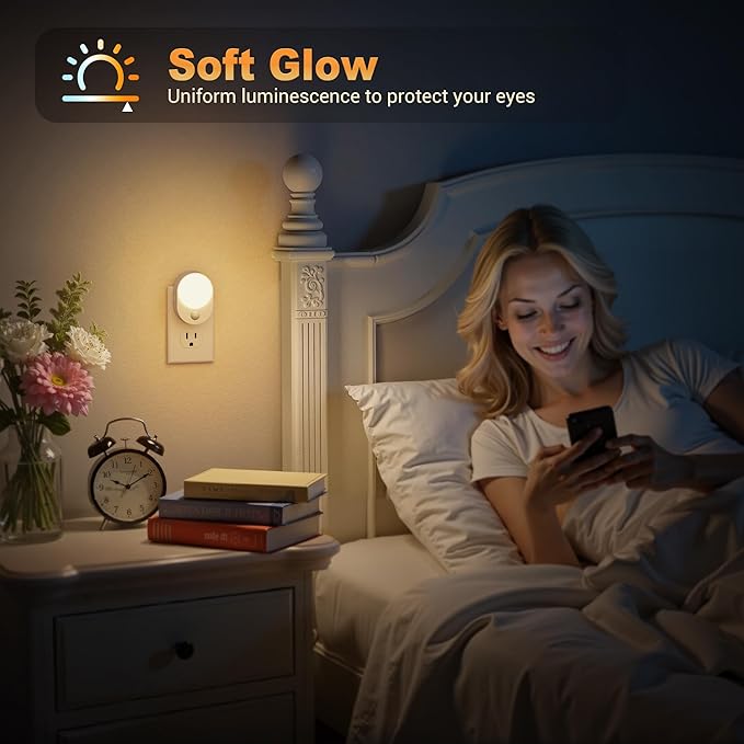 JandCase LED Motion Sensor Night Light, 2 Pack, Motion Activated Sensor Night Lights Plug into Wall, 3000K Warm White, Dimmable Nightlight with Dusk to Dawn Sensor for Kids Bathroom Hallway Bedroom