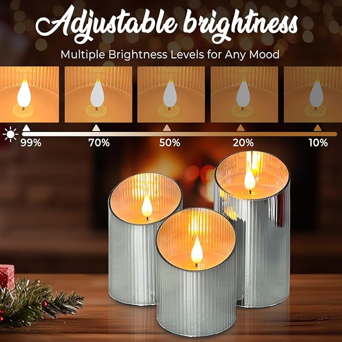 Rechargeable Flameless Candle, Flickering LED Pillar Glass Fake Candle with Remote and Timer, Built-in Battery Real Wax Electronic Candle for Room Decoration, Set of 3