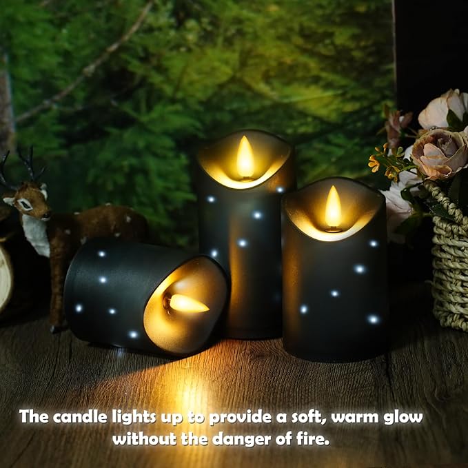 Outdoor Waterproof Flickering Flameless Candles with Embedded Star String,2Pcs LED Pillar Candles Battery Operated with Remote and Timers for Courtyard,Porch,Camping,Holiday Decoration(Black)