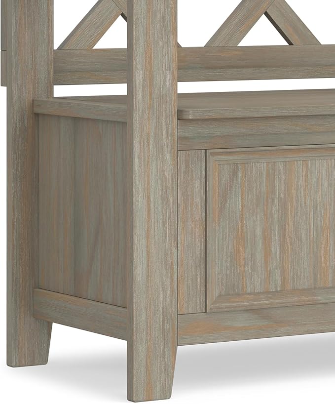 SIMPLIHOME Amherst Entryway Storage Bench - 36 inch Wide Solid Wood Hallway Bench in Distressed Grey, Transitional Bench for Entry or Mudroom with Lift-Up Lid, Storage Compartments and X-Back Detail