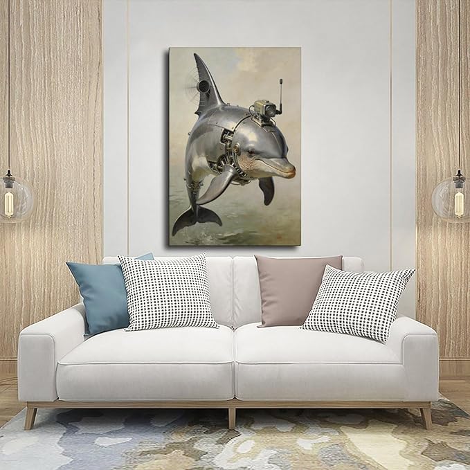 Framed Steampunk Mechanical Dolphin Wall Art - Marine Retro-Futuristic Poster for Beach House Living Room Decor 08x12inch(20x30cm)